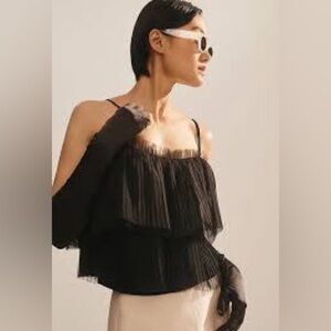 Anthropologie Black Pleated Tulle Tank Top XXS New Layered Sheer Chic